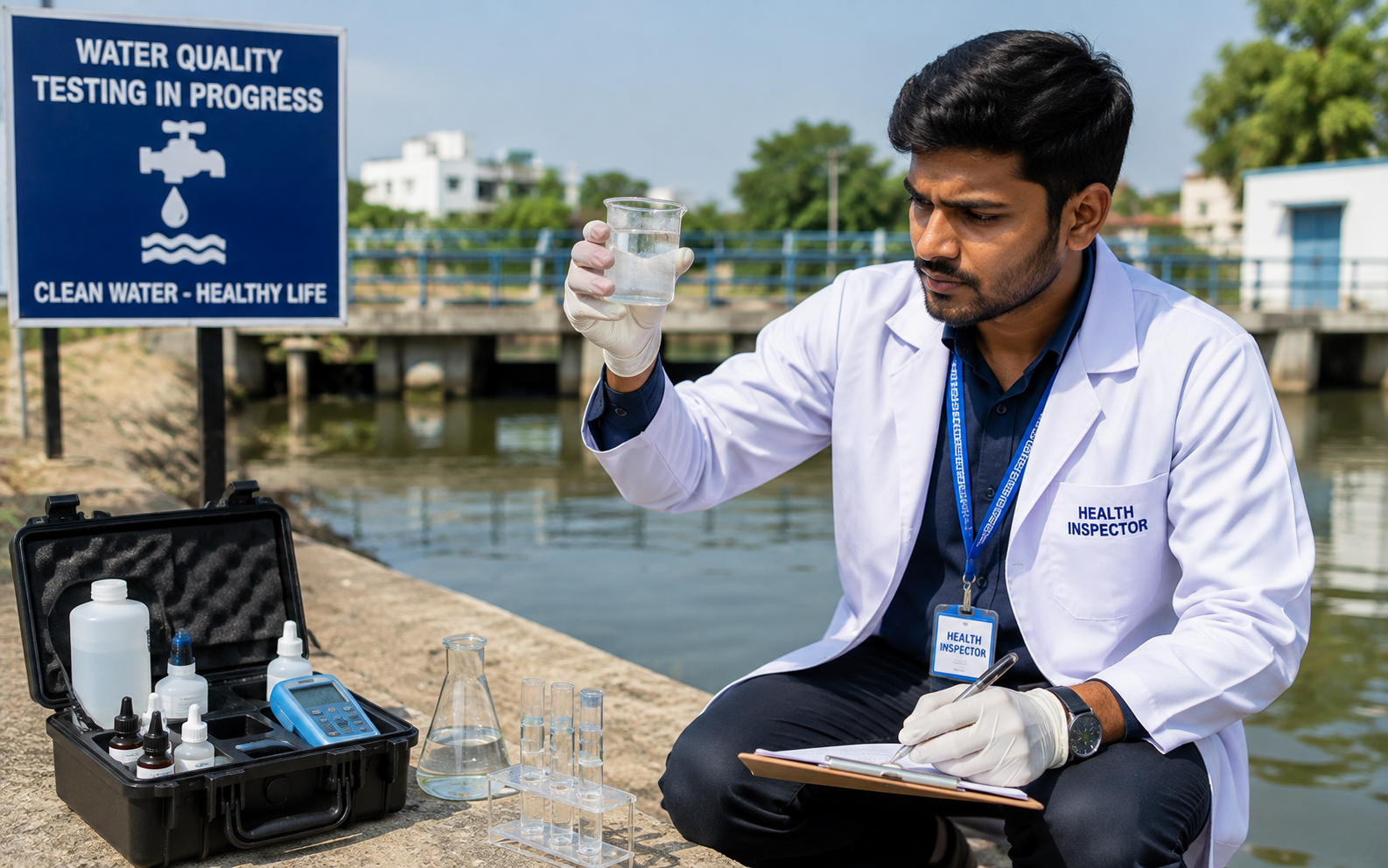 Health inspector testing water quality in the field