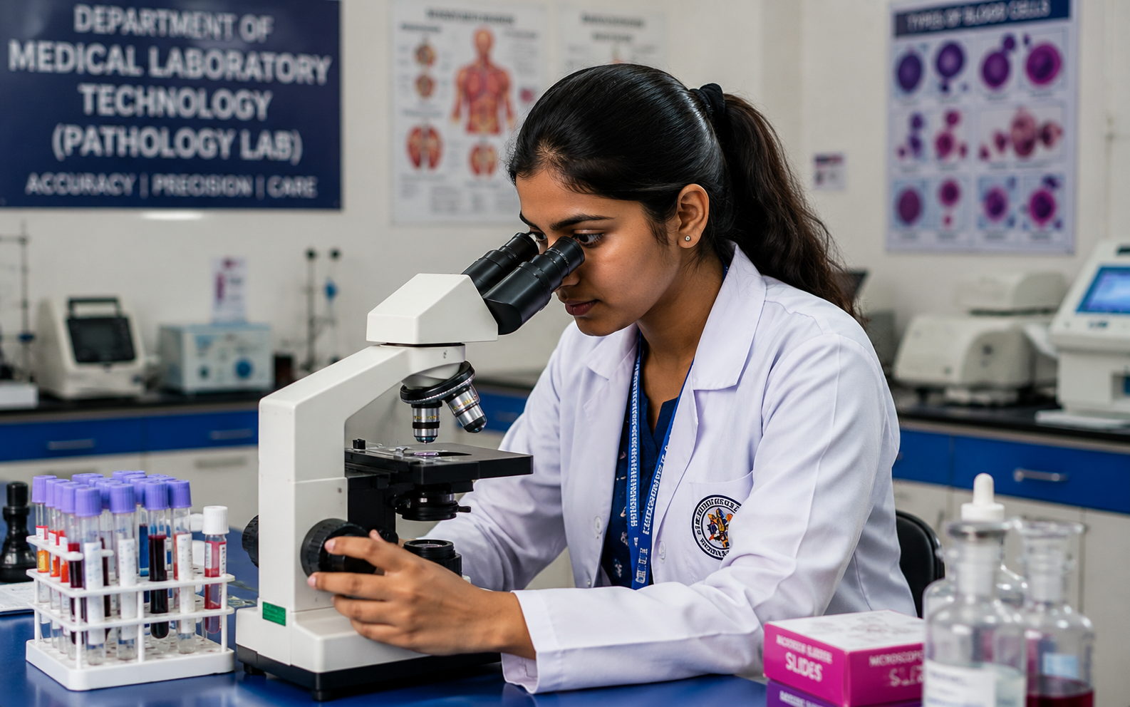 Student at a microscope in the pathology lab
